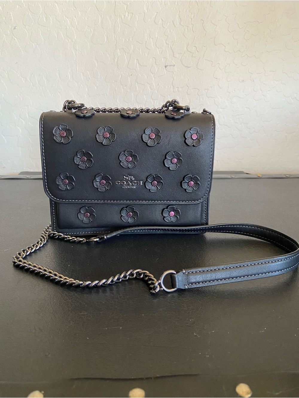 Coach mini Klare Black Leather Crossbody with Pink-Accent Floral Appliqués